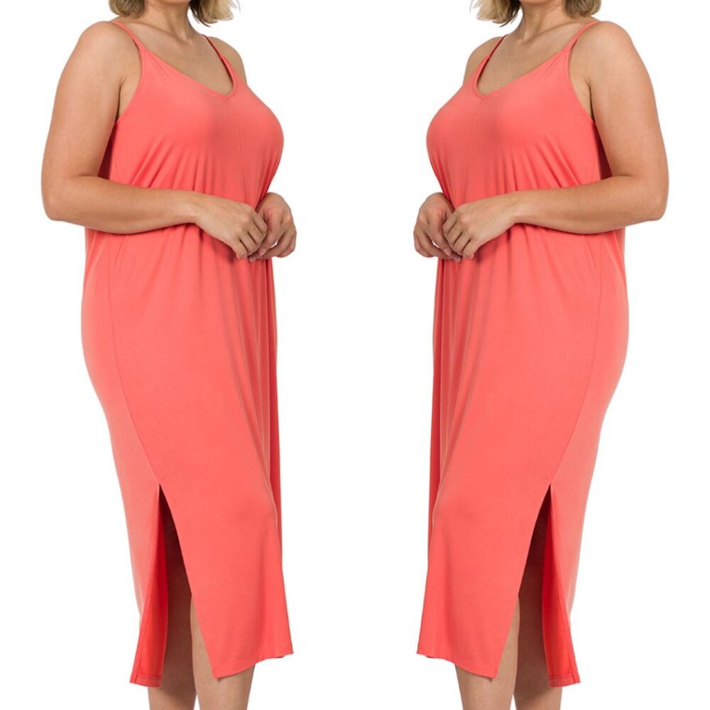 Real Modal V‑Neck Cami Midi Dress | Deep Coral | Adjustable Straps | Side Slits